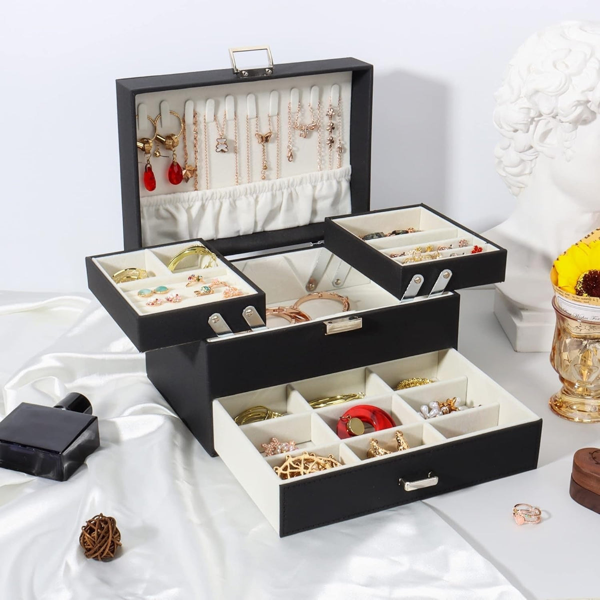 Boîte à Bijoux Cuir Multi-Rangements Sécurisée